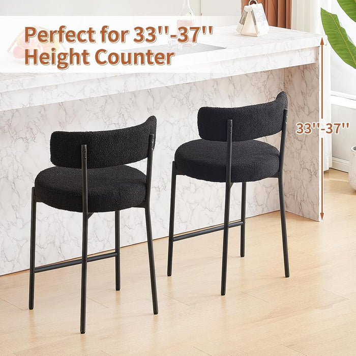 Furnilivng 24'' Bar Stools Set of 2, Modern Boucle Counter Height Bar Stools with Curved Back and Black Metal Frame, Upholstered Kitchen Stools, Barstools for Kitchen Island, Bar, Dining Room, Black - ShipItFurniture