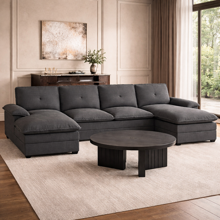 110" Black U-Shaped Sectional Sofa with Double Chaise and Round Coffee Table Set