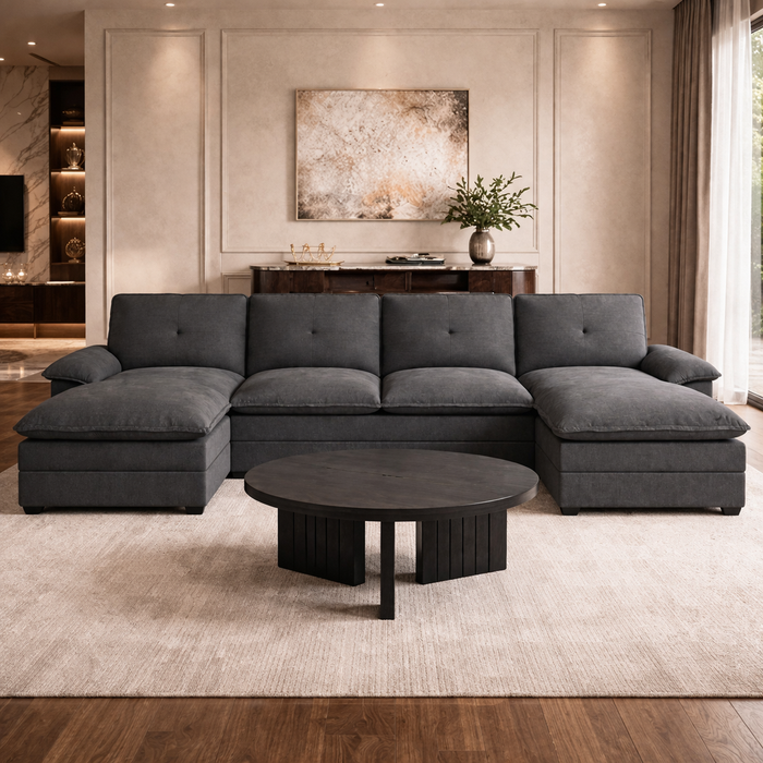 110" Black U-Shaped Sectional Sofa with Double Chaise and Round Coffee Table Set