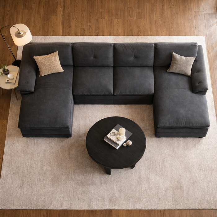 110" Black U-Shaped Sectional Sofa with Double Chaise and Round Coffee Table Set
