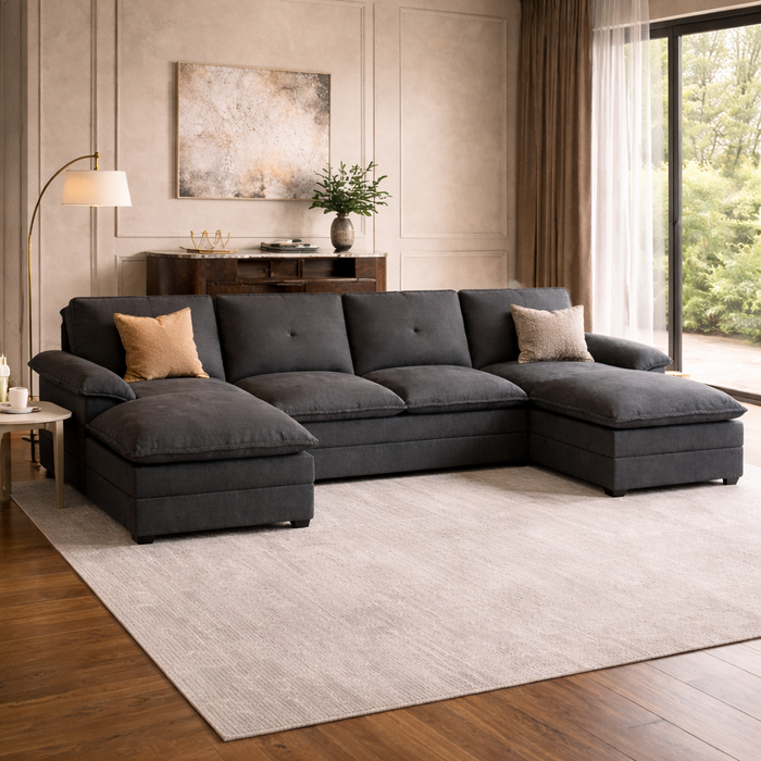 110" Black U-Shaped Sectional Sofa with Double Chaise and Round Coffee Table Set