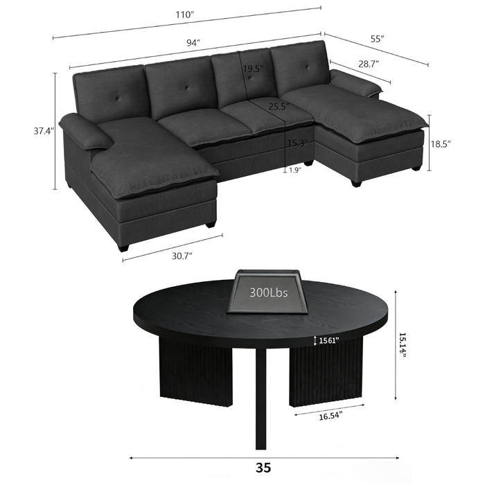 110" Black U-Shaped Sectional Sofa with Double Chaise and Round Coffee Table Set