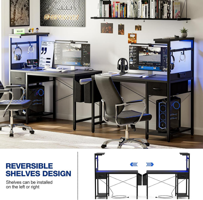 Gaming Desk 55 Inch with Power Outlet and LED Light, Computer Desk with Reversible Shelves and Storage Drawer, Pc Small Table for Home Office Table with Bag, Carbon Fiber Black - ShipItFurniture