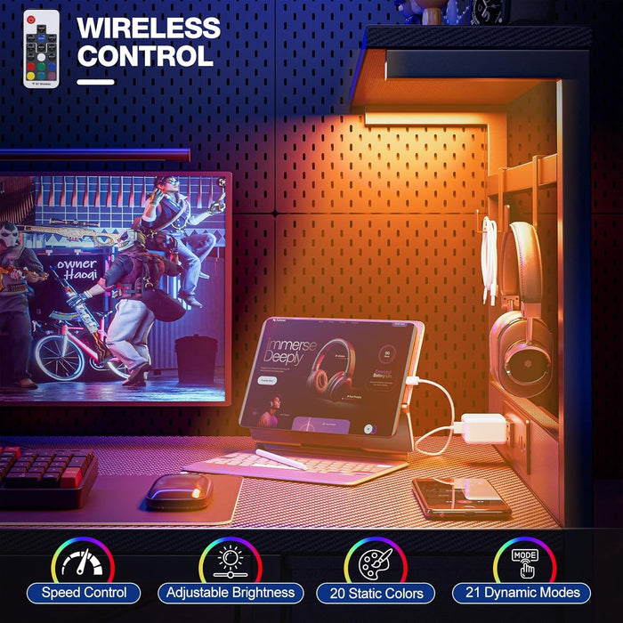 Gaming Desk 55 Inch with Power Outlet and LED Light, Computer Desk with Reversible Shelves and Storage Drawer, Pc Small Table for Home Office Table with Bag, Carbon Fiber Black - ShipItFurniture