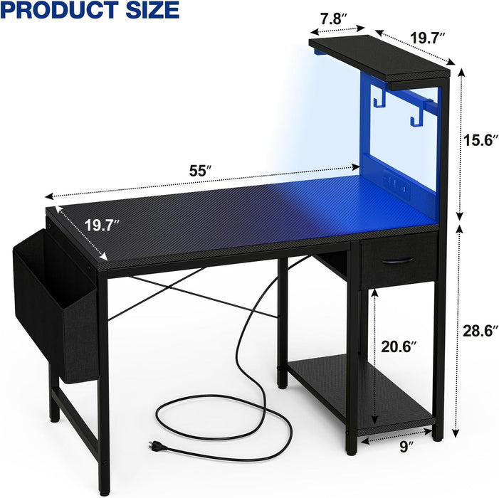 Gaming Desk 55 Inch with Power Outlet and LED Light, Computer Desk with Reversible Shelves and Storage Drawer, Pc Small Table for Home Office Table with Bag, Carbon Fiber Black - ShipItFurniture