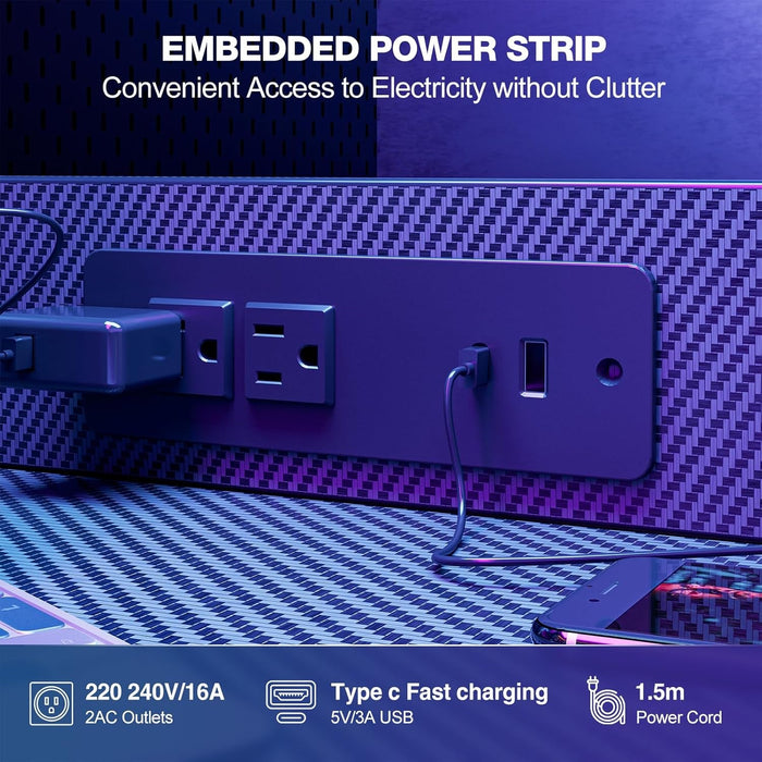 Gaming Desk 55 Inch with Power Outlet and LED Light, Computer Desk with Reversible Shelves and Storage Drawer, Pc Small Table for Home Office Table with Bag, Carbon Fiber Black - ShipItFurniture