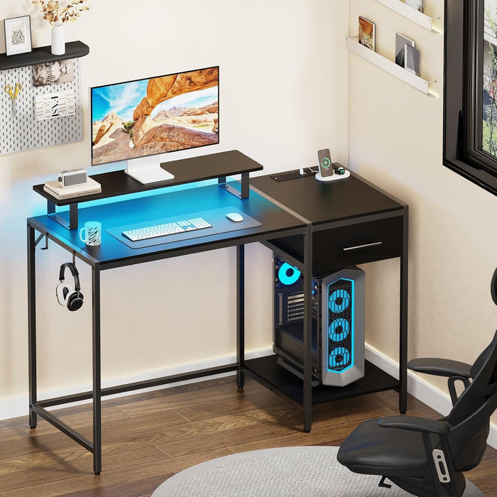 Gaming Desk With LED Lights Power Outlet And Drawers - ShipItFurniture