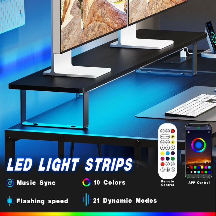 Gaming Desk With LED Lights Power Outlet And Drawers - ShipItFurniture