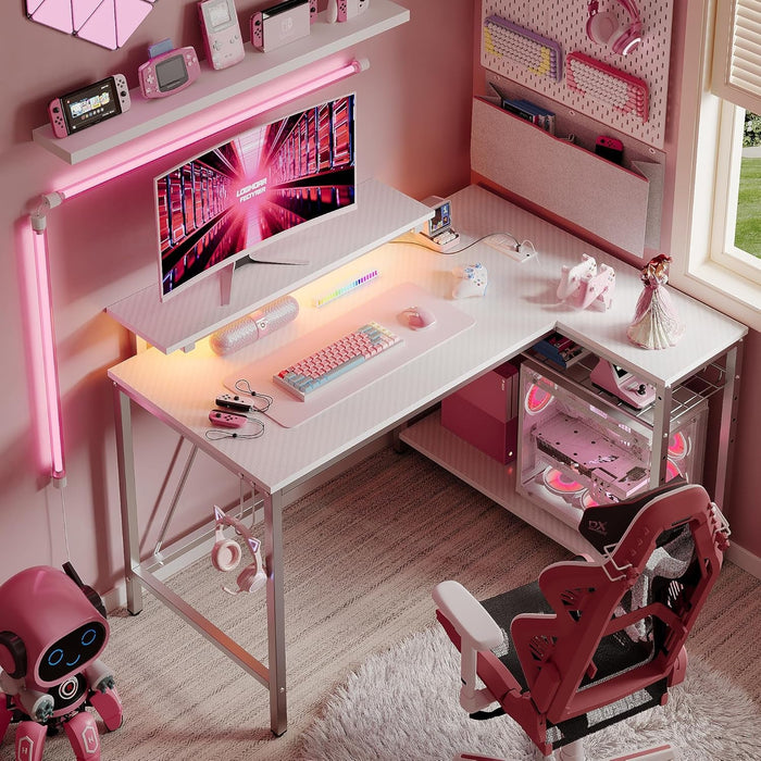 Gaming Desk with Power Outlets, 42" L - Shaped Gaming Desk with LED Lights, Desks with Reversible Storage Shelves & Hooks for Small Spaces, Bedrooms & Offices,White Carbon Fiber - ShipItFurniture