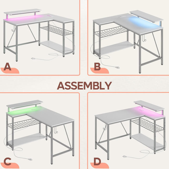 Gaming Desk with Power Outlets, 42" L - Shaped Gaming Desk with LED Lights, Desks with Reversible Storage Shelves & Hooks for Small Spaces, Bedrooms & Offices,White Carbon Fiber - ShipItFurniture