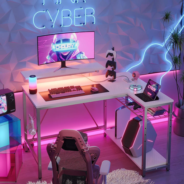 Gaming Desk with Power Outlets, 42" L - Shaped Gaming Desk with LED Lights, Desks with Reversible Storage Shelves & Hooks for Small Spaces, Bedrooms & Offices,White Carbon Fiber - ShipItFurniture