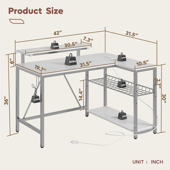 Gaming Desk with Power Outlets, 42" L - Shaped Gaming Desk with LED Lights, Desks with Reversible Storage Shelves & Hooks for Small Spaces, Bedrooms & Offices,White Carbon Fiber - ShipItFurniture