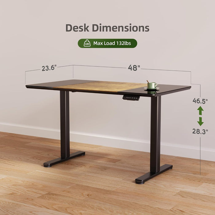 Glass Standing Desk, 48 X 24 Inches Height - Adjustable Desk, Tempered Glass and Wooden Top, Quick Install Home Office Stand up Desk with 4 Presets, Black Glass and Brown Wood - ShipItFurniture