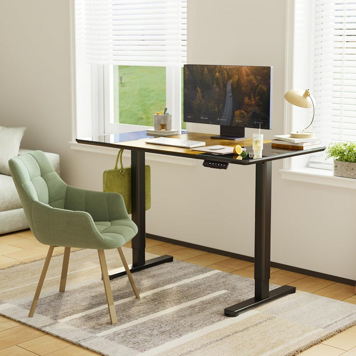 Glass Standing Desk, 48 X 24 Inches Height - Adjustable Desk, Tempered Glass and Wooden Top, Quick Install Home Office Stand up Desk with 4 Presets, Black Glass and Brown Wood - ShipItFurniture