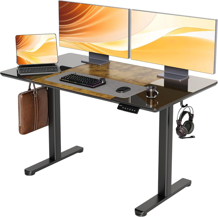 Glass Standing Desk, 48 X 24 Inches Height - Adjustable Desk, Tempered Glass and Wooden Top, Quick Install Home Office Stand up Desk with 4 Presets, Black Glass and Brown Wood - ShipItFurniture