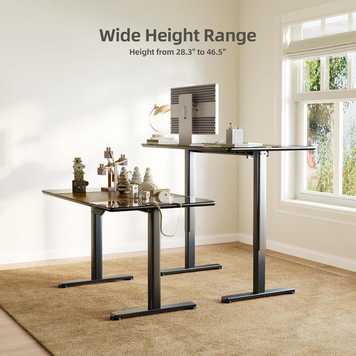 Glass Standing Desk, 48 X 24 Inches Height - Adjustable Desk, Tempered Glass and Wooden Top, Quick Install Home Office Stand up Desk with 4 Presets, Black Glass and Brown Wood - ShipItFurniture