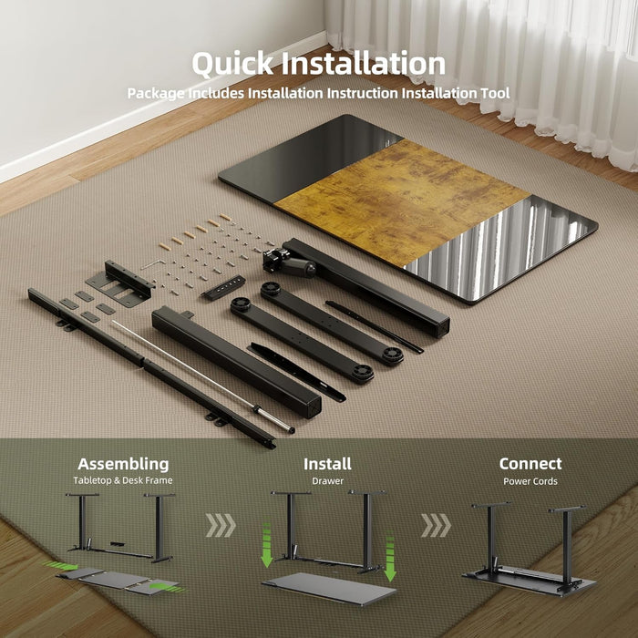 Glass Standing Desk, 48 X 24 Inches Height - Adjustable Desk, Tempered Glass and Wooden Top, Quick Install Home Office Stand up Desk with 4 Presets, Black Glass and Brown Wood - ShipItFurniture