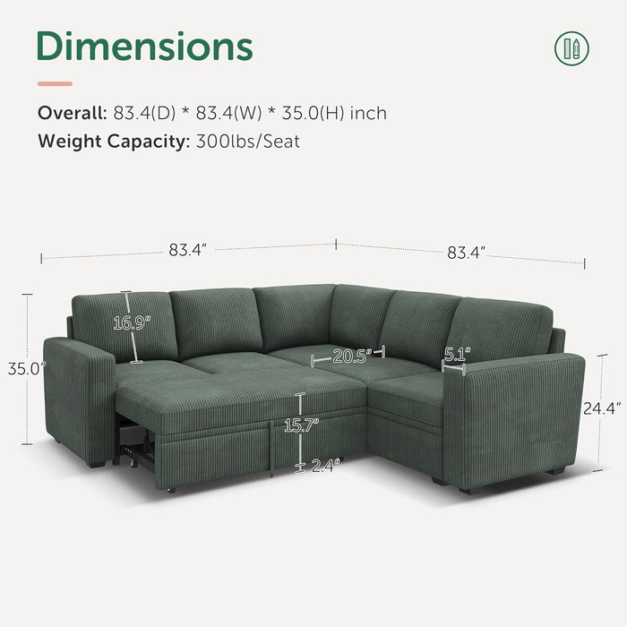 Green Corduroy Sectional Sleeper Sofa With Storage - ShipItFurniture