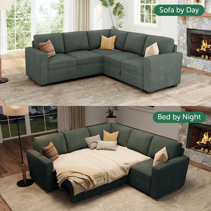 Green Corduroy Sectional Sleeper Sofa With Storage - ShipItFurniture