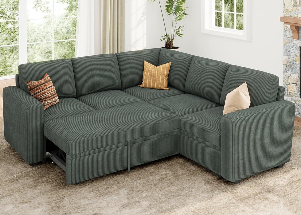 Green Corduroy Sectional Sleeper Sofa With Storage - ShipItFurniture
