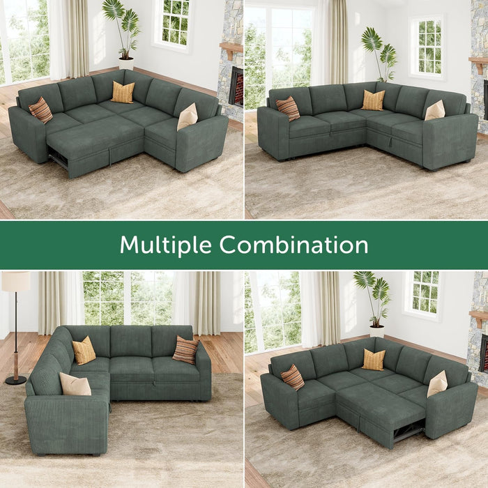 Green Corduroy Sectional Sleeper Sofa With Storage - ShipItFurniture