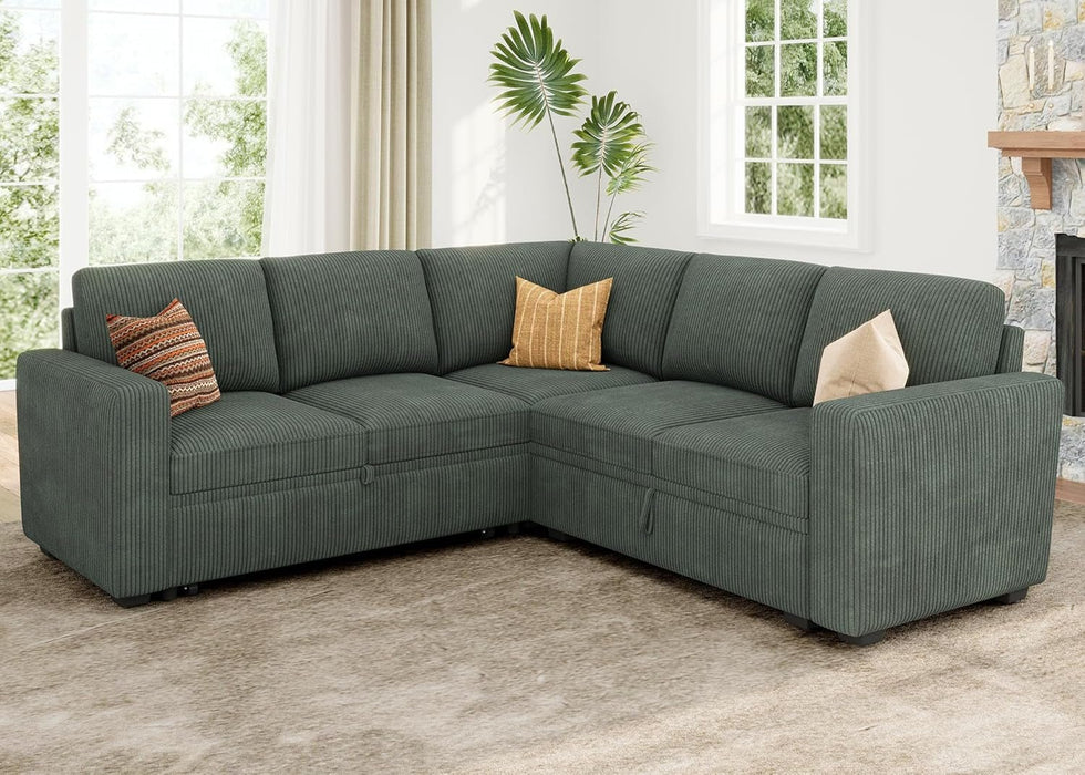 Green Corduroy Sectional Sleeper Sofa With Storage - ShipItFurniture