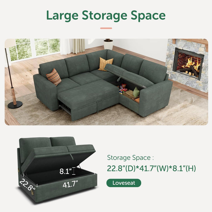 Green Corduroy Sectional Sleeper Sofa With Storage - ShipItFurniture