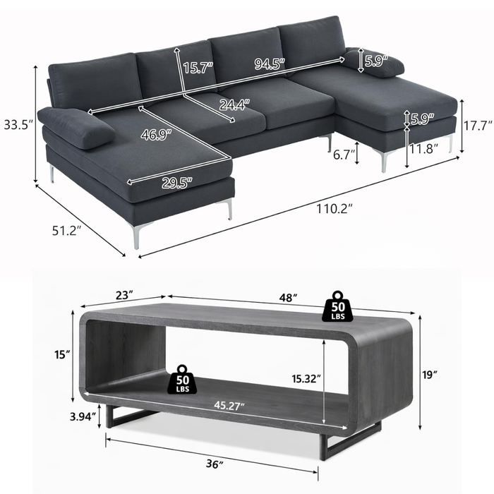 110" Dark Grey U-Shaped Sectional with Double Chaise and 48" Coffee Table Set