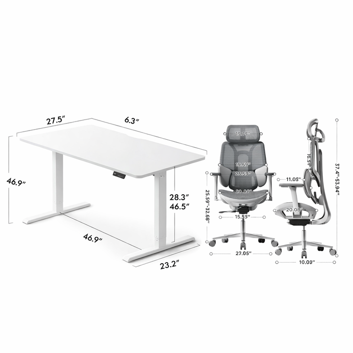 63 Inch Electric Standing Desk with Ergonomic Office Chair Set White Grey Adjustable Height Workstation