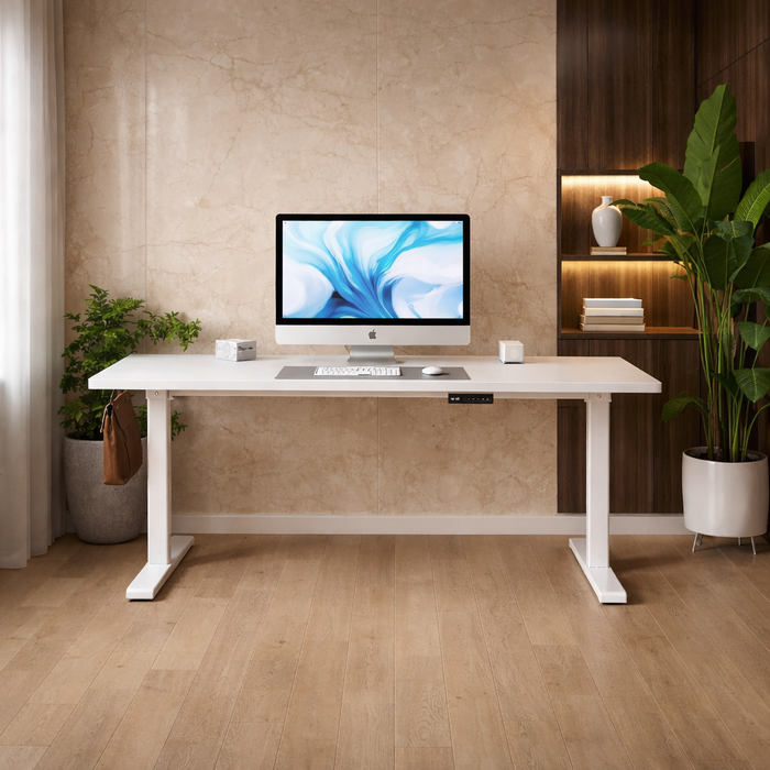 63 Inch Electric Standing Desk with Ergonomic Office Chair Set White Grey Adjustable Height Workstation