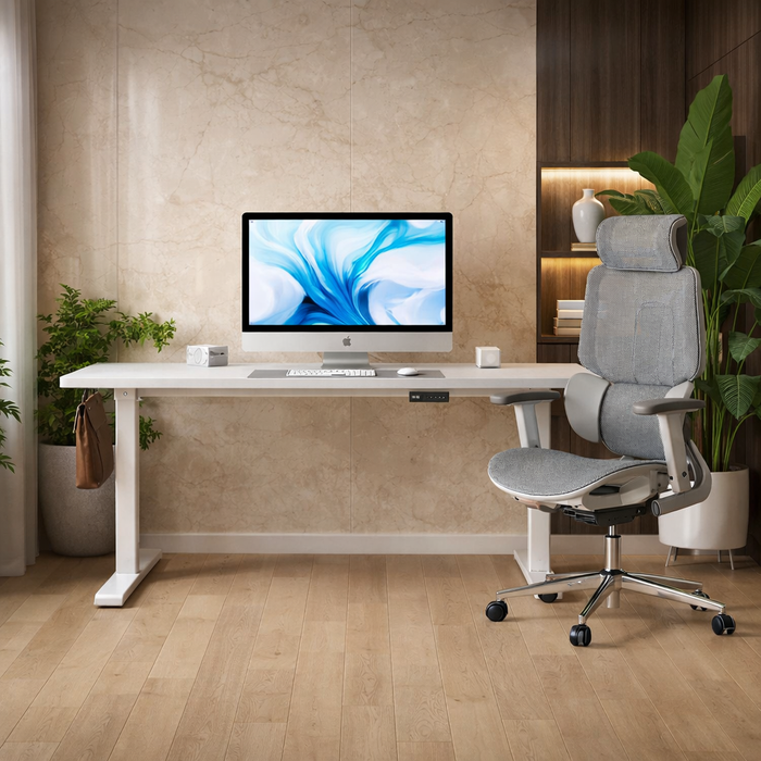 63 Inch Electric Standing Desk with Ergonomic Office Chair Set White Grey Adjustable Height Workstation