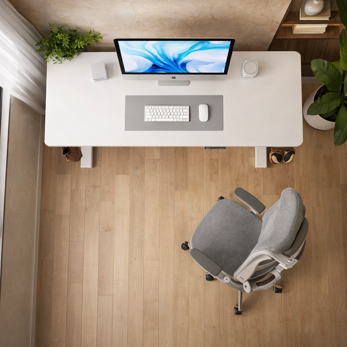 63 Inch Electric Standing Desk with Ergonomic Office Chair Set White Grey Adjustable Height Workstation