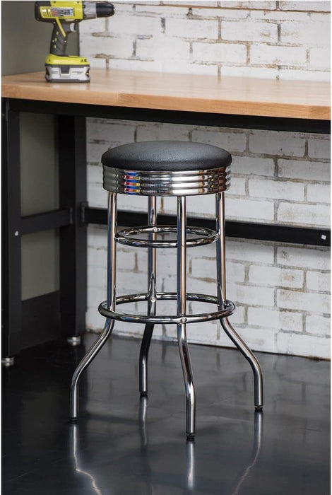 Heavy Duty 30 - Inch Backless Swivel Bar Stool for Kitchen, Garage, or Workshop, Chrome Finish with Faux Leather Seat, 1 Pack Pre - Assembled, Black - ShipItFurniture
