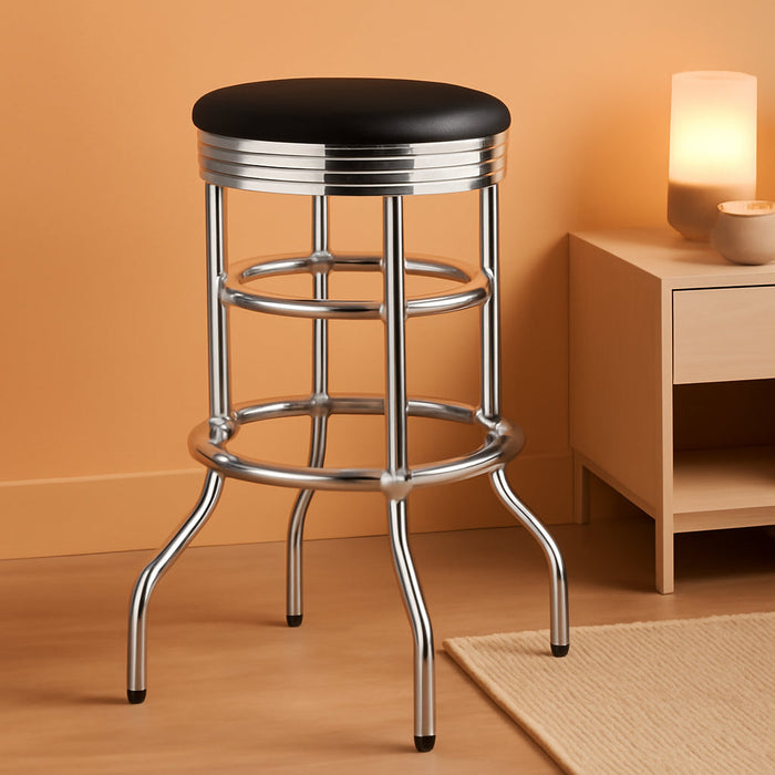 Heavy Duty 30 - Inch Backless Swivel Bar Stool for Kitchen, Garage, or Workshop, Chrome Finish with Faux Leather Seat, 1 Pack Pre - Assembled, Black - ShipItFurniture