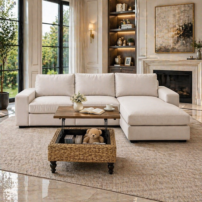 125.2" Beige Kivik Compatible Sectional Cover with Lift Top Farmhouse Coffee Table Set