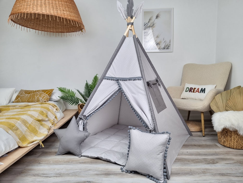 Teepee Tent for Kids | Gray Neutral Teepee Playhouse | Indoor Wigwam Playzone for Boys & Girls | Cozy Kids Playhouse