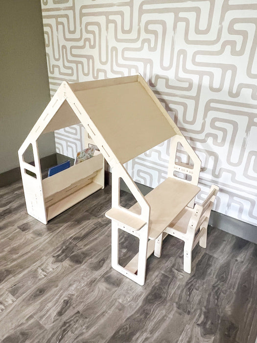 WALLY- Montessori Bookshelf / Kids Desk / Playhouse Combo- Montessori Shelf- Toddler Furniture- Indoor Play Tent - Kids Hideout- Playground!