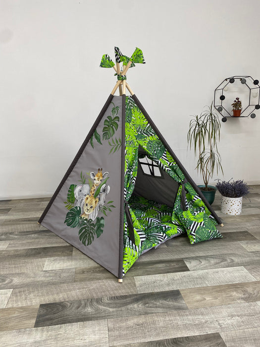 Safari Animals Cotton Indoor Playhouse, Jungle Teepee Tent