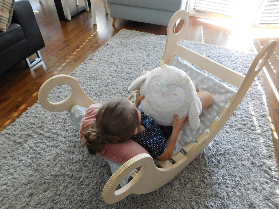 Natural Wood Rocker, Cradle, Bridge, and Playhouse for Kids. Eco-Friendly Product