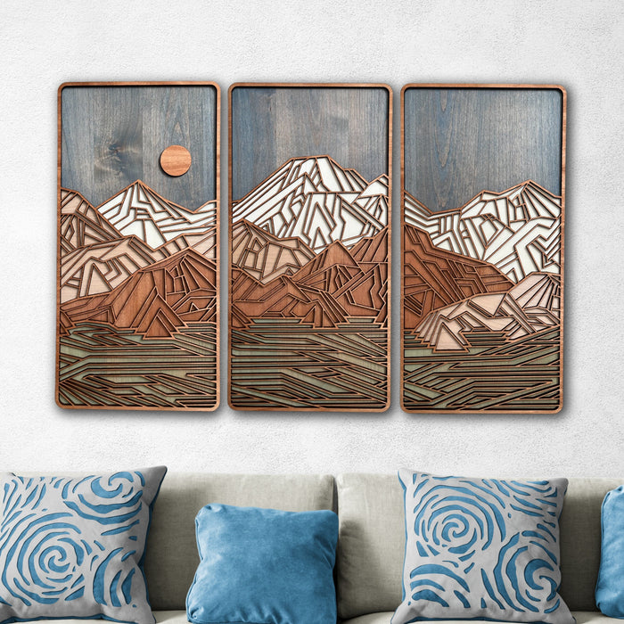 Large Geometric Mountain Triptych, Laser Cut Wall Art, Modern Rustic Wall Decor