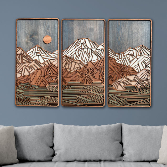 Large Geometric Mountain Triptych, Laser Cut Wall Art, Modern Rustic Wall Decor