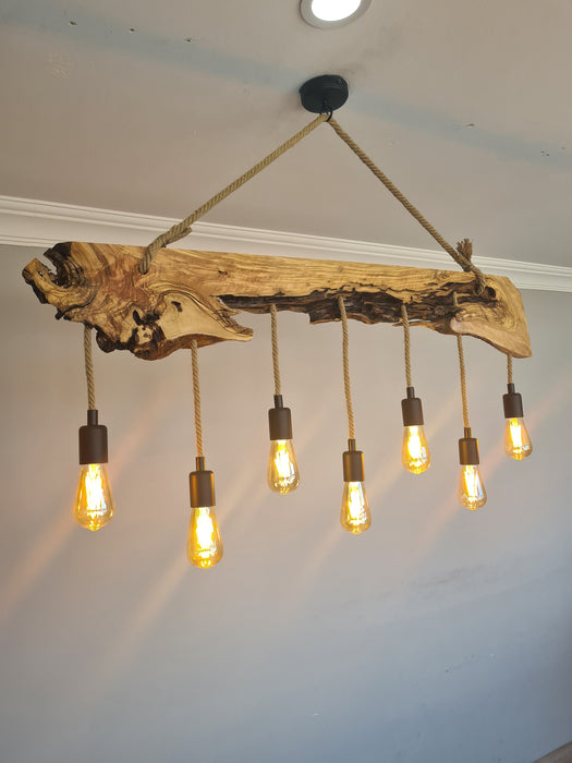 Olive Wood Rustic Light Fixture, Farmhouse Wooden Live Edge Chandelier for Dinign Room, Unique Ceiling Light for Dining Table and Kitchen