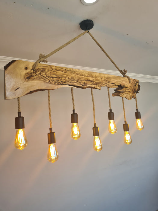 Olive Wood Rustic Light Fixture, Farmhouse Wooden Live Edge Chandelier for Dinign Room, Unique Ceiling Light for Dining Table and Kitchen