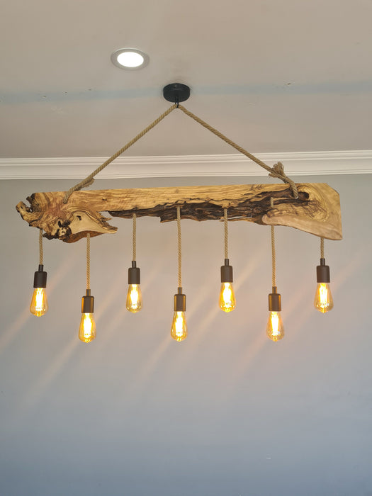 Olive Wood Rustic Light Fixture, Farmhouse Wooden Live Edge Chandelier for Dinign Room, Unique Ceiling Light for Dining Table and Kitchen