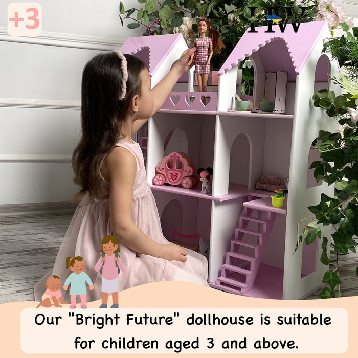 Dollhouse Large Wooden, Balcony, Lovely Playhouse with Stairs and Ladder with 3 Floors, 8 Rooms. Gift for Little Girls, Dollhouse Kit