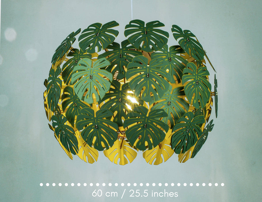 Monstera Lamp, Drum Lampshape, Tropical Chandelier Lighting for a Dining Room, Green Ceiling Light Fixture.