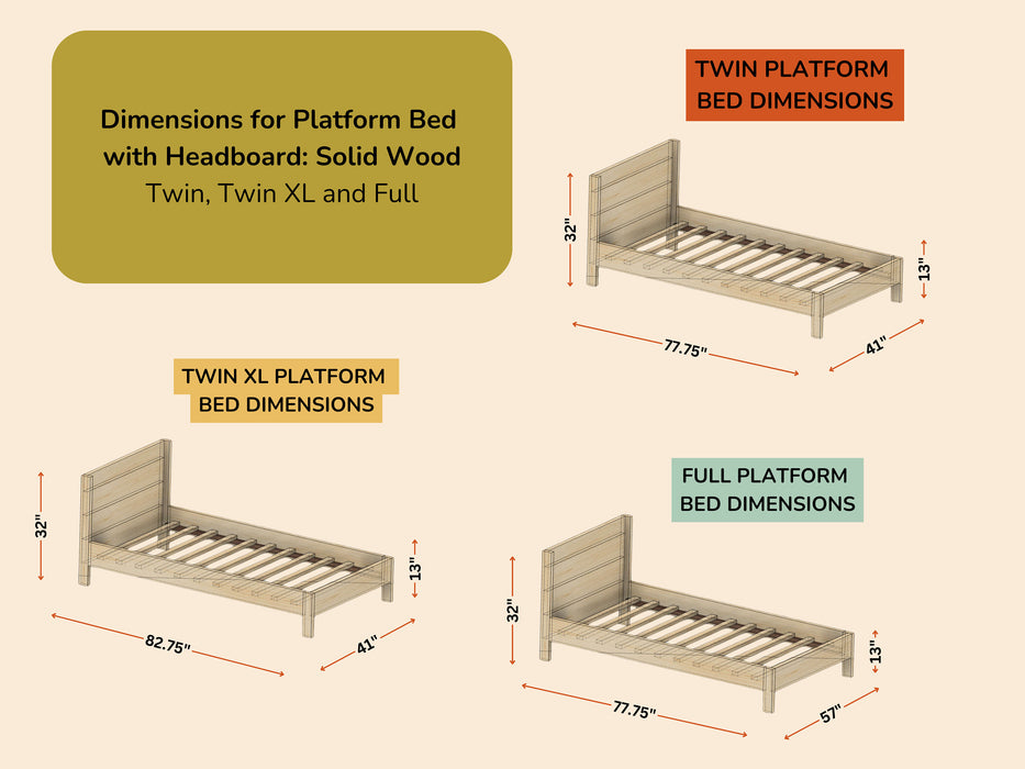 Handmade Wooden Platform Bed with Headboard for Various Sizes