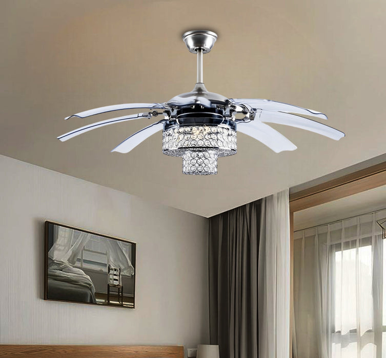 48" LED Ceiling Fan Light with Crystal Chandelier and 8 Retractable Blades