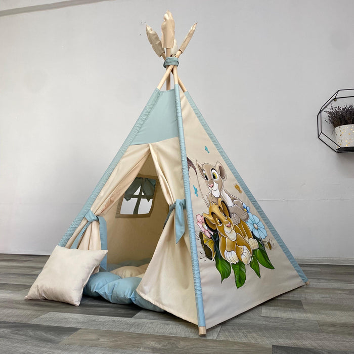 Teepee Tent for Kids with Hand Drawing Lion King, Cotton Indoor Playhouse, Childrens Outdoor Playhouse, Tipi Zelt Kinder