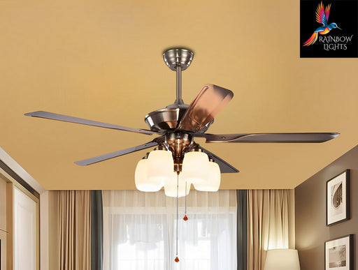 Living Room Ceiling Fan with Chandelier, 56 Inches in Size, Showcasing Retro Iron Blades and 5 Lights, Operated by Remote Control.